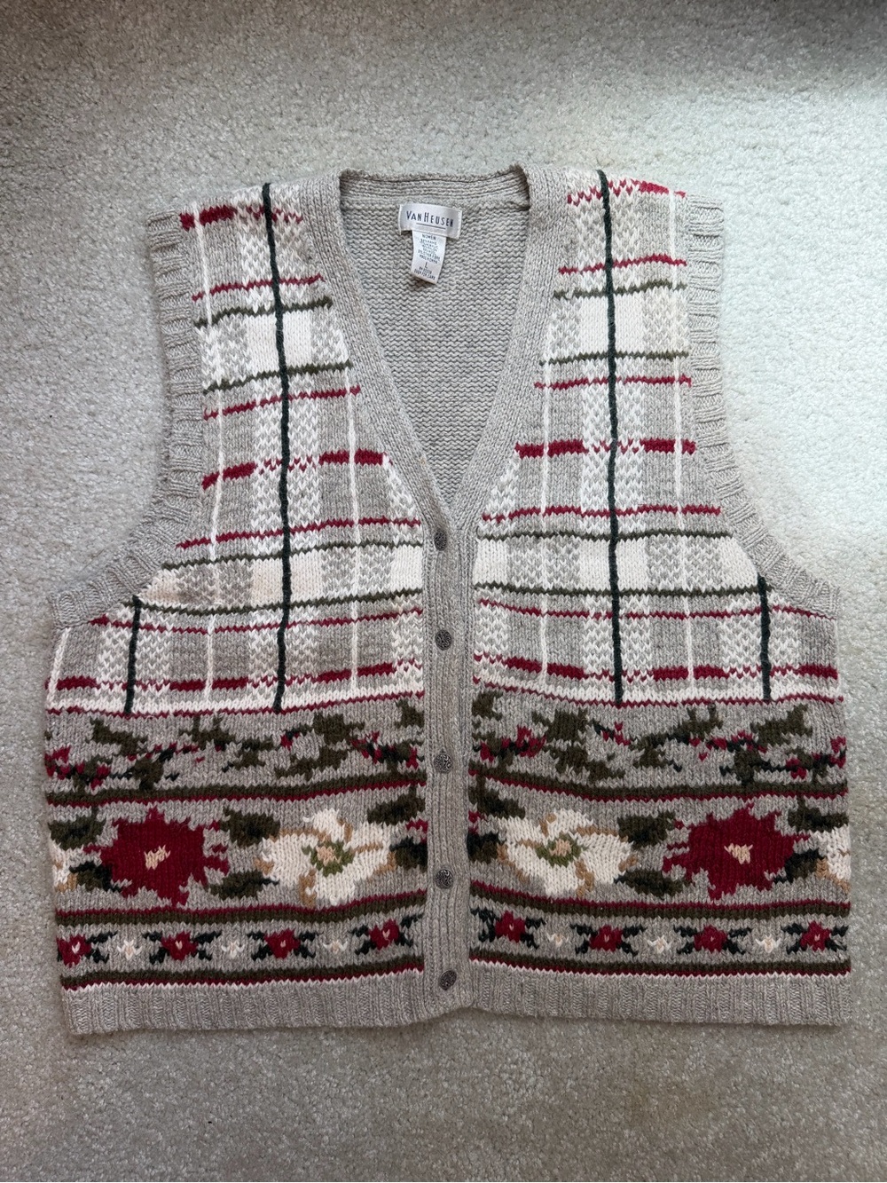 Van Heusen Gray V-Neck Knit Vest with Red and Cream Floral Accent